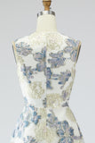 Floral Dusty Blue Jacquard A Line Long Wedding Guest Dress