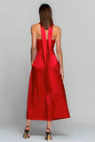 Red Satin Neck Scarf Strapless Long Wedding Guest Dress