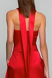 Red Satin Neck Scarf Strapless Long Wedding Guest Dress