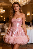Sparkly Pink A-Line Sequin Sweetheart Short Cocktail Dress with Feather