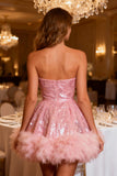 Sparkly Pink A-Line Sequin Sweetheart Short Cocktail Dress with Feather