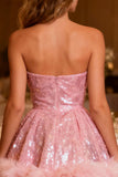 Sparkly Pink A-Line Sequin Sweetheart Short Cocktail Dress with Feather