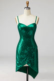 Sparkly Dark Green Spaghetti Straps Sequin Short Cocktail Dress