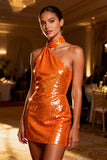 Sparkly Orange Bodycon Sequin Backless Short Cocktail Dress