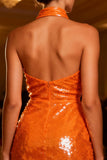 Sparkly Orange Bodycon Sequin Backless Short Cocktail Dress