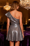 Sparkly Grey One Shoulder Short Sequin Cocktail Dress with Ruffles