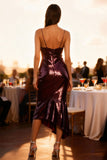 Sparkly Burgundy Sequin V-Neck Midi Holiday Party Dress with Ruffles