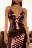 Sparkly Burgundy Sequin V-Neck Midi Holiday Party Dress with Ruffles