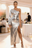 Sparkly Silver Sequin Sheath Long Holiday Party Dress with Sleeves