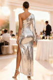 Sparkly Silver Sequin Sheath Long Holiday Party Dress with Sleeves