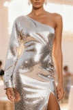 Sparkly Silver Sequin Sheath Long Holiday Party Dress with Sleeves