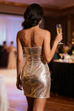 Sparkly Champagne Sequin Bodycon Short Cocktail Dress with Slit
