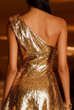 Sparkly Gold A-Line One Shoulder Sequin Short Cocktail Dress
