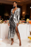 Sparkly Silver Mermaid Long Sleeves Sequin Holiday Party Dress with Slit