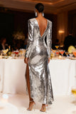 Sparkly Silver Mermaid Long Sleeves Sequin Holiday Party Dress with Slit