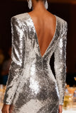 Sparkly Silver Mermaid Long Sleeves Sequin Holiday Party Dress with Slit