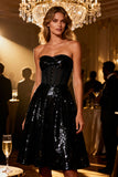 Sweetheart Sequin Sparkly Black A Line Short Corset Cocktail Dress