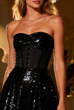 Sweetheart Sequin Sparkly Black A Line Short Corset Cocktail Dress