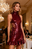 Sparkly Burgundy Bodycon Sequin Short Cocktail Dress with Ruffles
