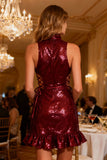 Sparkly Burgundy Bodycon Sequin Short Cocktail Dress with Ruffles