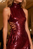 Sparkly Burgundy Bodycon Sequin Short Cocktail Dress with Ruffles