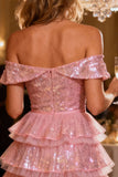 Sparkly Pink Sequin Short Tiered Cocktail Dress with Ruffles