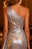 Sparkly Silver One Shoulder Bodycon Short Sequin Cocktail Dress
