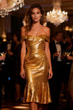 Sparkly Gold Midi Sequin Cocktail Party Dress with Ruffles