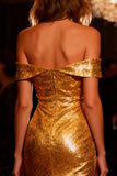 Sparkly Gold Midi Sequin Cocktail Party Dress with Ruffles