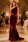 Burgundy Ruched Velvet Long Mermaid Holiday Party Dress