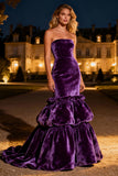 Purple Tiered Velvet Long Mermaid Holiday Party Dress with Ruffles