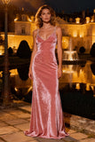 Sparkly Pink Mermaid Velvet Long Holiday Party Dress with Pearls