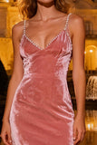 Sparkly Pink Mermaid Velvet Long Holiday Party Dress with Pearls