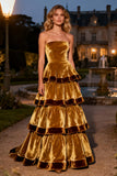 Brown Tiered Strapless A-Line Long Velvet Holiday Party Dress with Ruffles