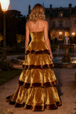 Brown Tiered Strapless A-Line Long Velvet Holiday Party Dress with Ruffles