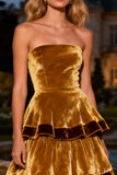 Brown Tiered Strapless A-Line Long Velvet Holiday Party Dress with Ruffles