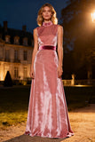 Pink High Neck Velvet Long Holiday Party Dress with Belt