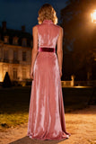 Pink High Neck Velvet Long Holiday Party Dress with Belt