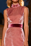 Pink High Neck Velvet Long Holiday Party Dress with Belt