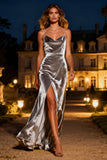 Silver Velvet Long Holiday Party Dress with Slit