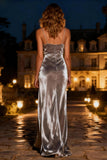 Silver Velvet Long Holiday Party Dress with Slit