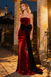 Burgundy Long Mermaid Velvet Holiday Party Dress with Bow