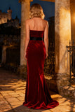 Burgundy Long Mermaid Velvet Holiday Party Dress with Bow