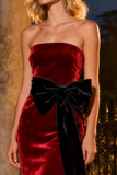 Burgundy Long Mermaid Velvet Holiday Party Dress with Bow