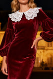 Burgundy Velvet Mermaid Long Holiday Party Dress with Lace