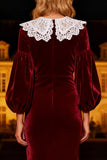 Burgundy Velvet Mermaid Long Holiday Party Dress with Lace