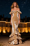 Champagne Mermaid Tiered Long Velvet Holiday Party Dress with Ruffles