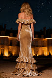 Champagne Mermaid Tiered Long Velvet Holiday Party Dress with Ruffles