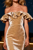 Champagne Mermaid Tiered Long Velvet Holiday Party Dress with Ruffles