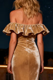 Champagne Mermaid Tiered Long Velvet Holiday Party Dress with Ruffles
